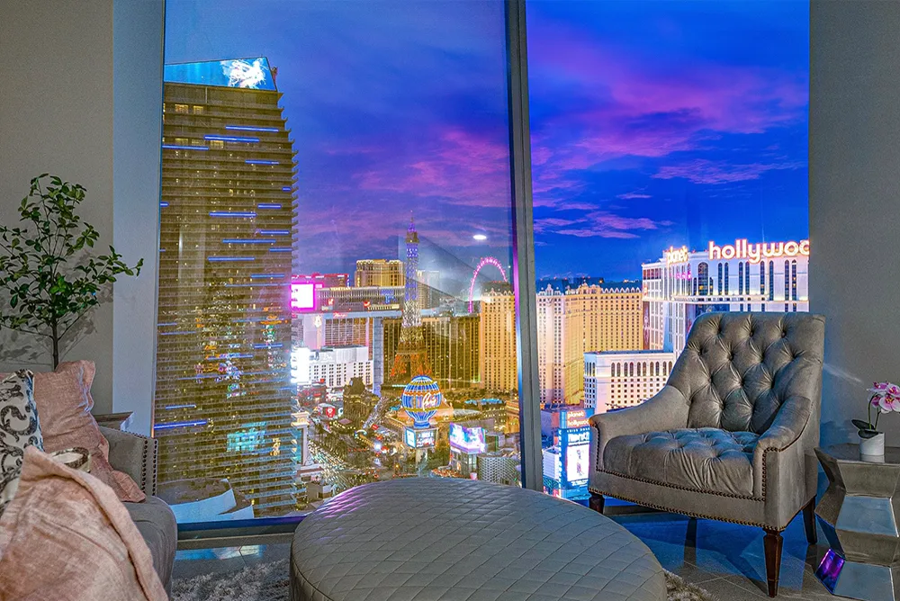 Floor-to-ceiling view of the Las Vegas Strip from a Veer Towers residence